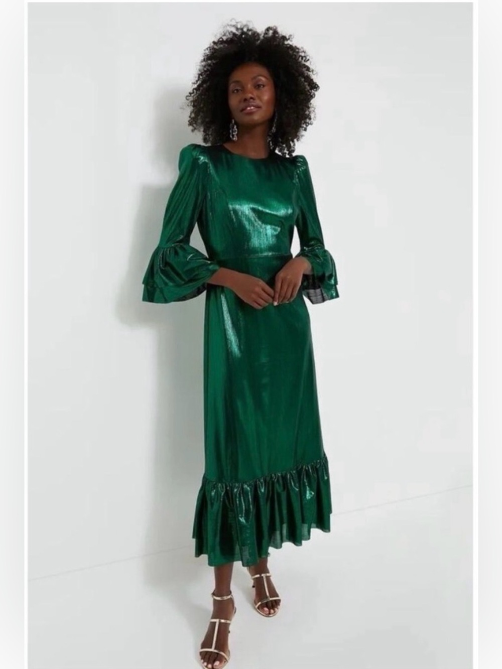 Pomander Place Tuckernuck Lilith Dress Emerald Green Midi Statement Sleeve L NWT